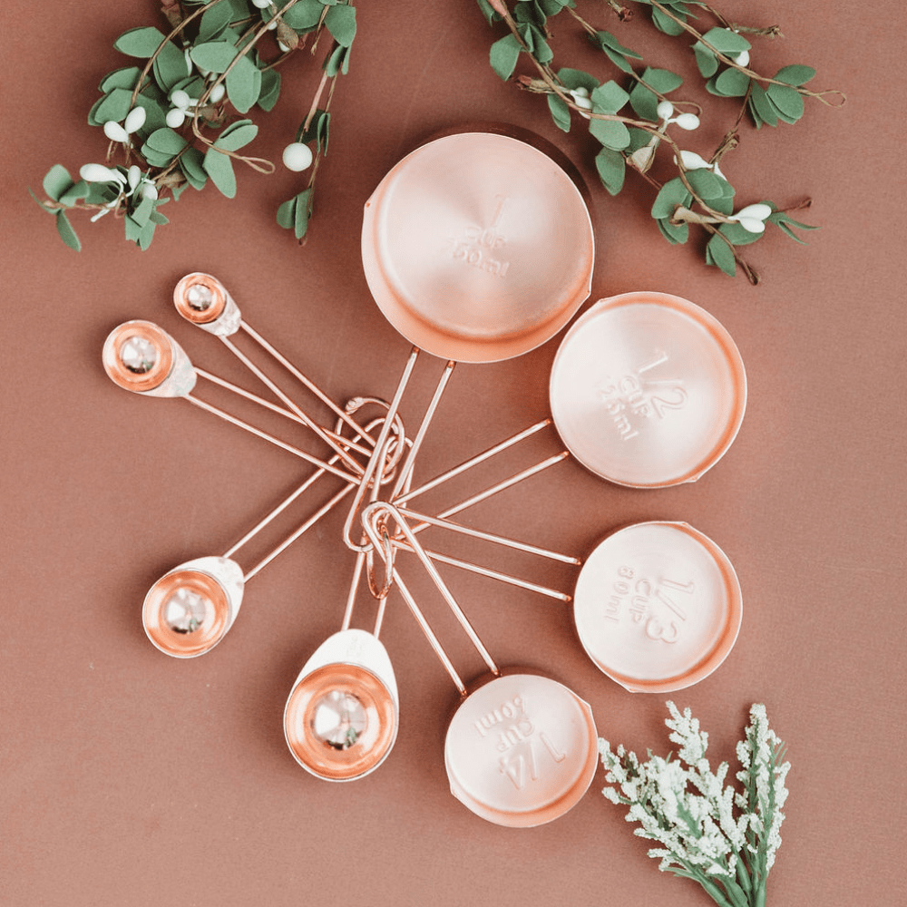 Copper Measuring Cups and Spoons Set - Metal Measuring Cups and Spoons Set  - Stackable, Stylish, Sturdy Stainless Steel (8-Piece) - Rose Gold